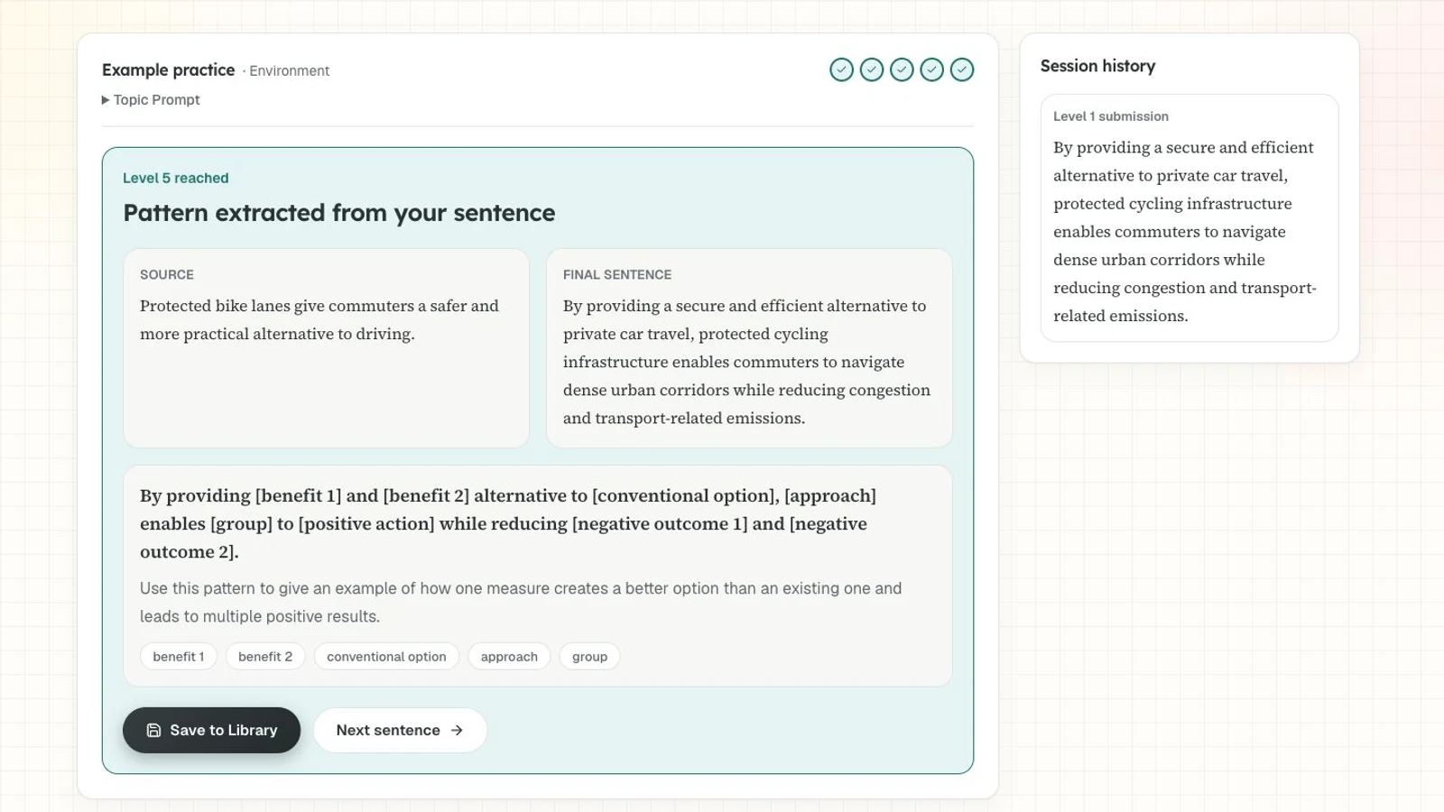 Practice screen showing one submission advancing through all five levels