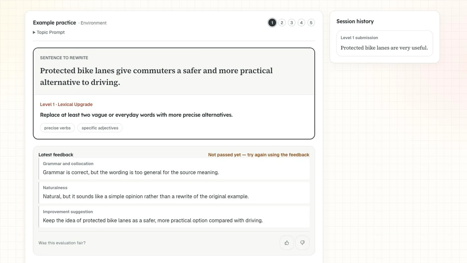 Practice screen showing one rewrite goal and focused feedback