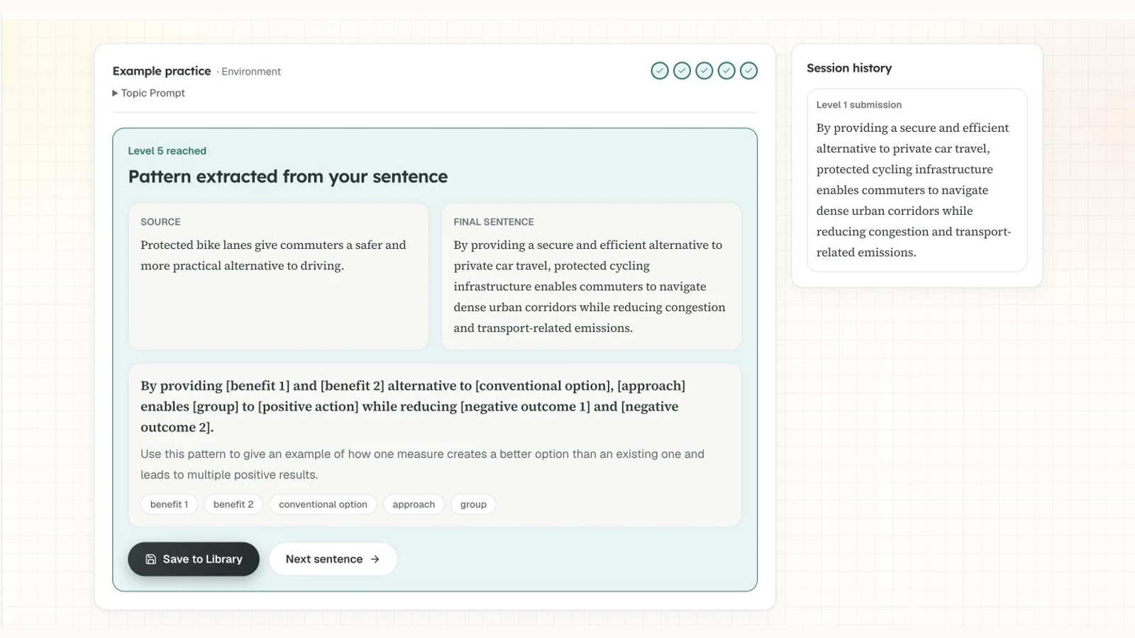 Completion screen showing a final sentence, reusable pattern, and Save to library