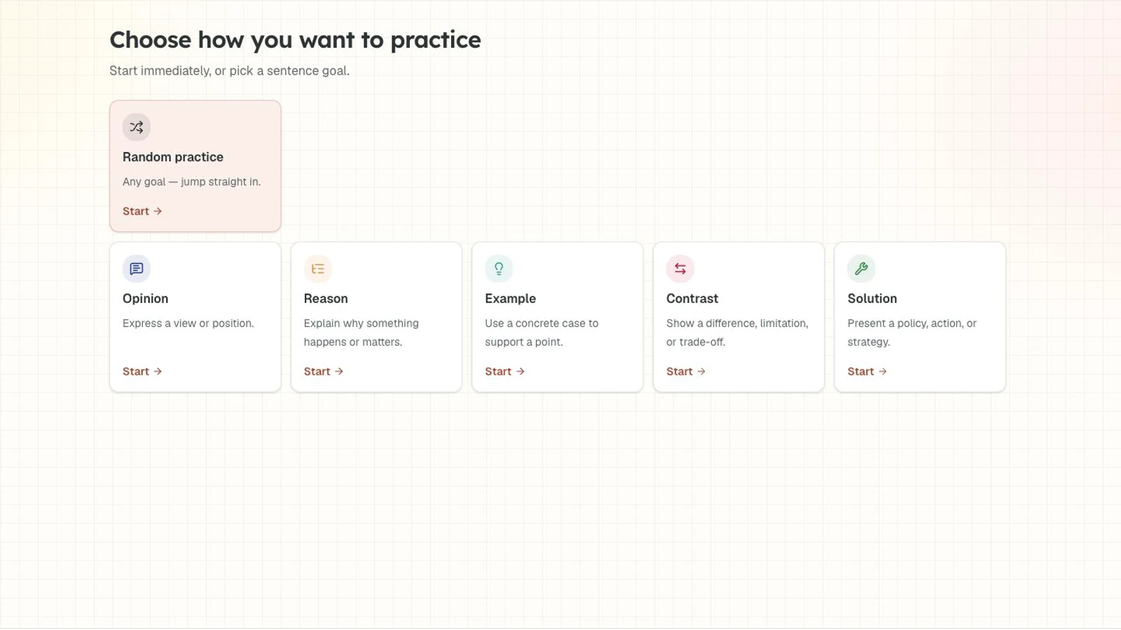 Practice launcher showing random practice and five sentence goals